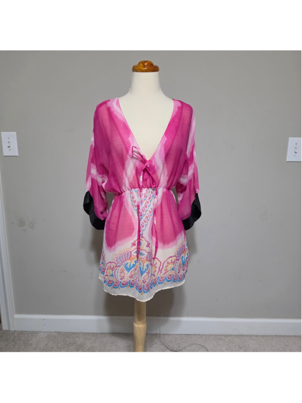 Pink Tie Dye Paisley Sheer Chiffon Swim Cover Up Tunic Top Cinch Waist